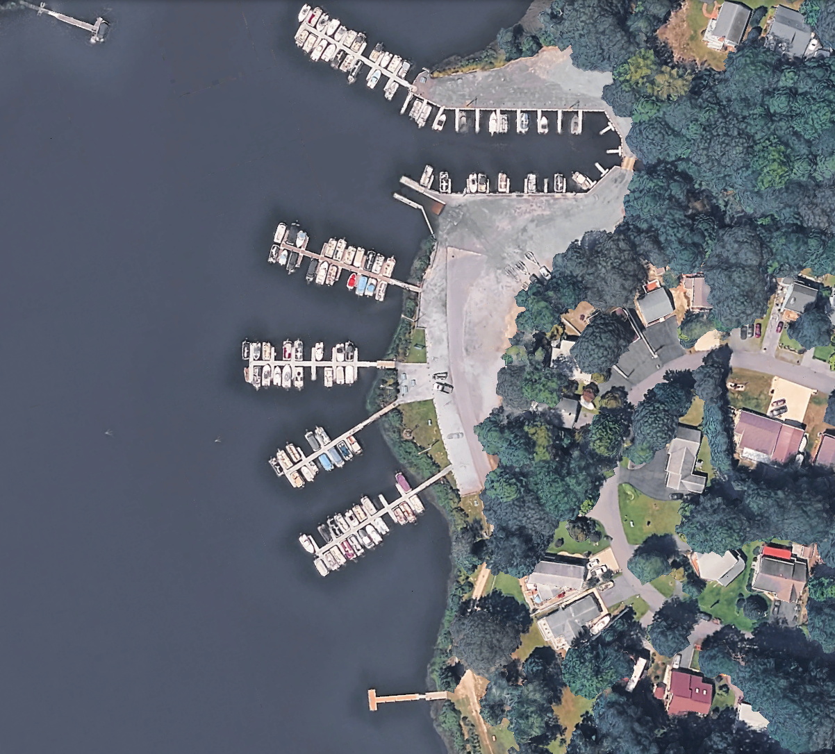 Aerial view of TechniDock aluminum composite floating dock marina at Angola New York with finger piers