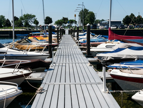 TechniDock aluminum floating dock walkway lined with sailboats at Buffalo marina