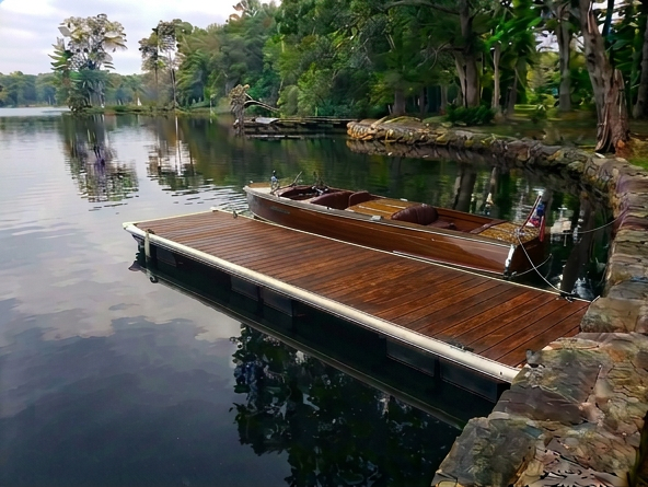 TechniDock residential aluminum floating dock with wood decking on calm water