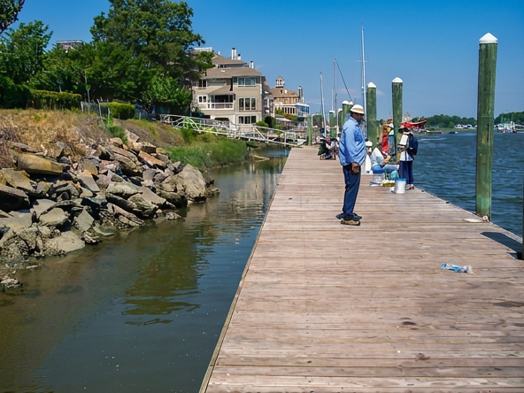 TechniDock steel truss frame floating fishing pier at Lewes waterfront with anglers