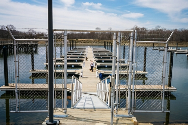 TechniDock steel truss frame floating dock at Neshaminy Creek with security gate and railing