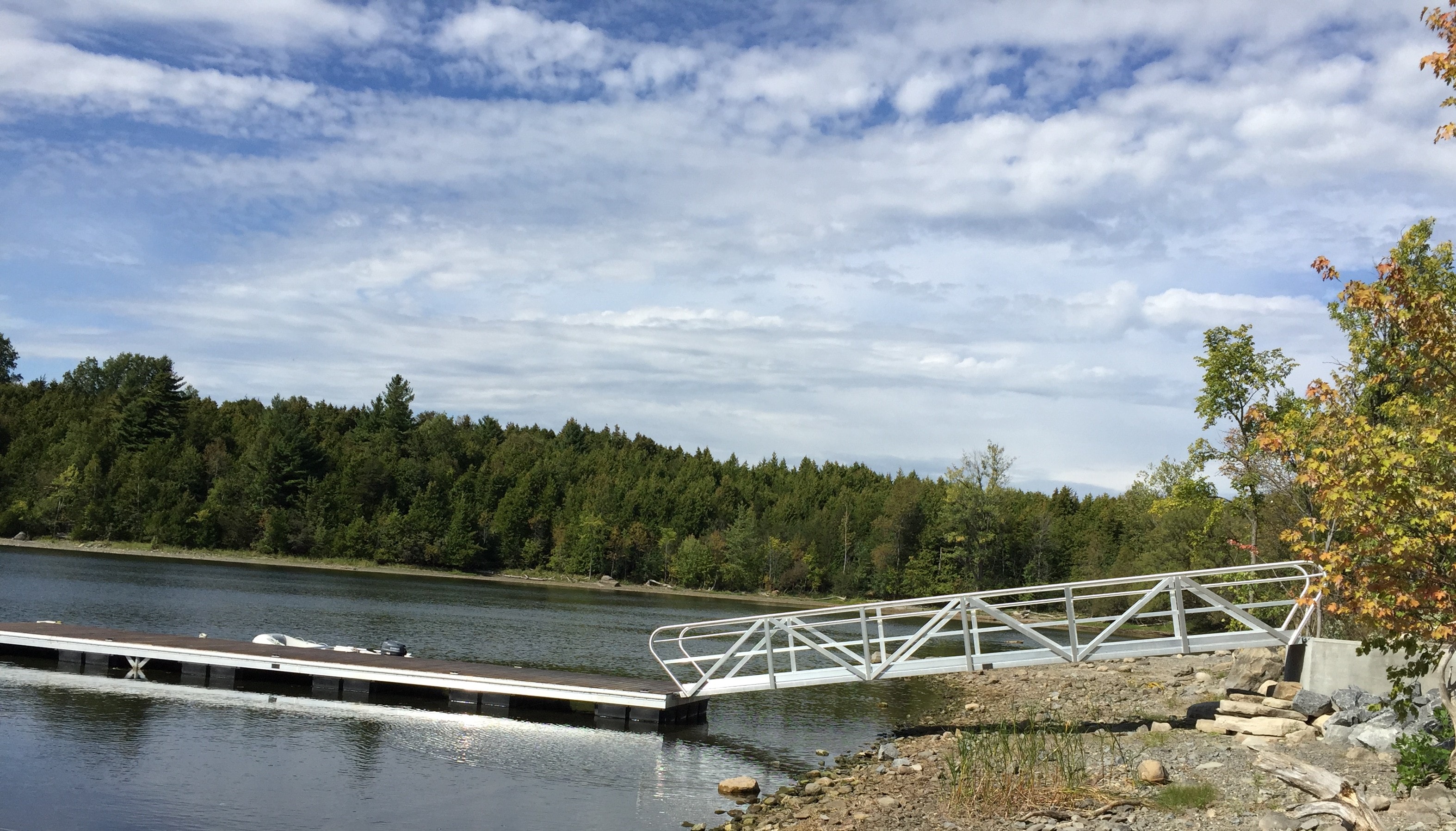 TechniDock aluminum gangway and floating dock on calm forested lake