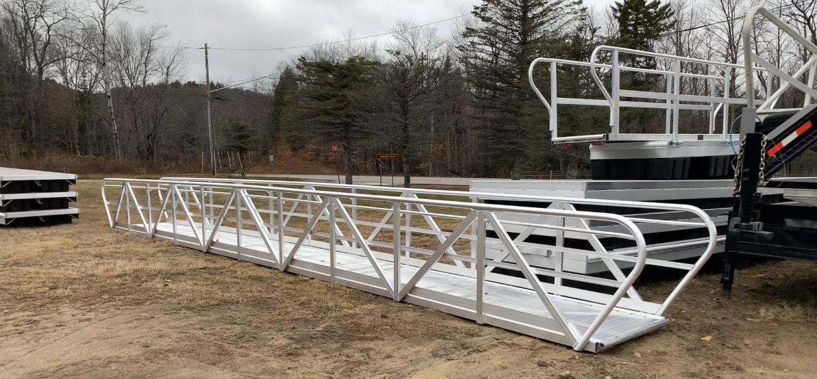 TechniDock aluminum gangways and docks in yard ready for delivery