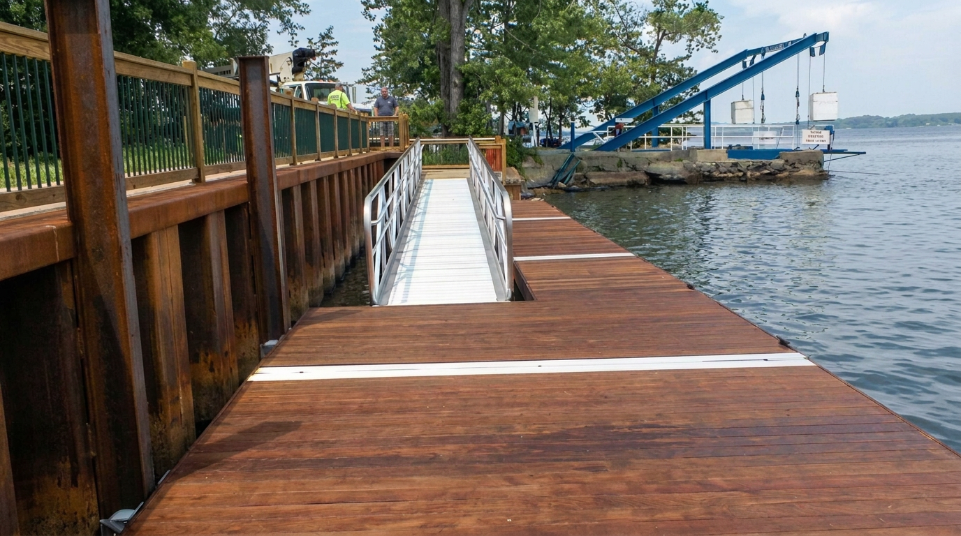TechniDock aluminum gangway and floating wood dock installation at Fort Ticonderoga Boat Launch on Lake Champlain